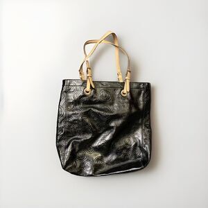 Michael Kors Jet Set Logo Tote Black Shiny Patent Leather Shoulder Bag Purse EUC